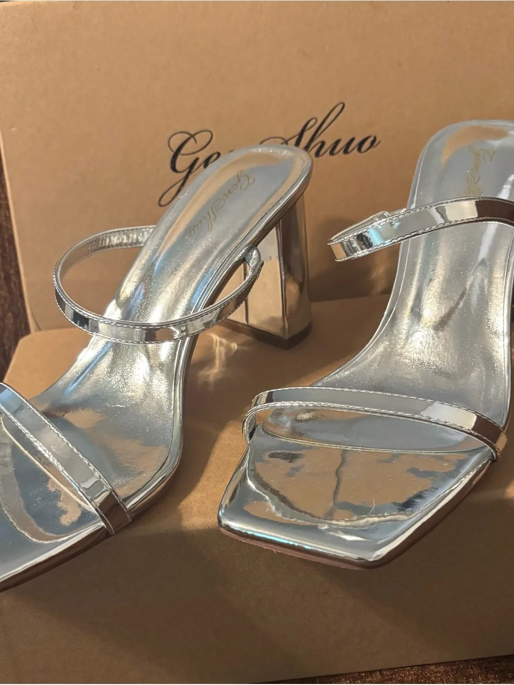 Metallic Silver Metallic Strappy Block Heel Sandals